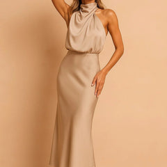 Draped Neckline Midi Dress – Beige