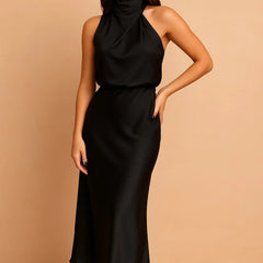 Draped Neckline Midi Dress – Black