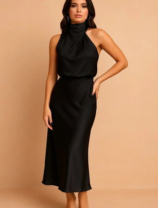 Draped Neckline Midi Dress – Black