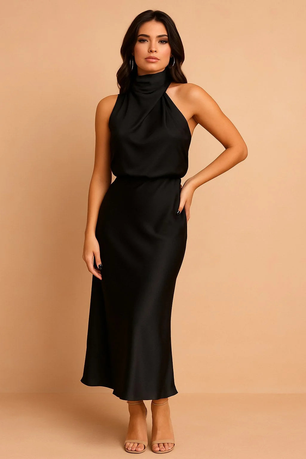 Draped Neckline Midi Dress – Black