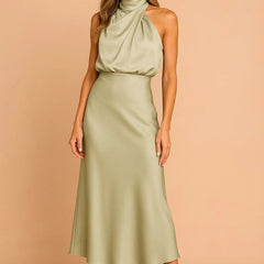 Draped Neckline Midi Dress – Green
