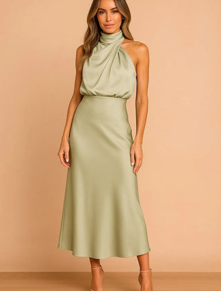 Draped Neckline Midi Dress – Green