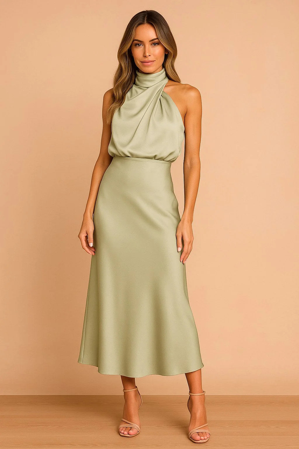 Draped Neckline Midi Dress – Green