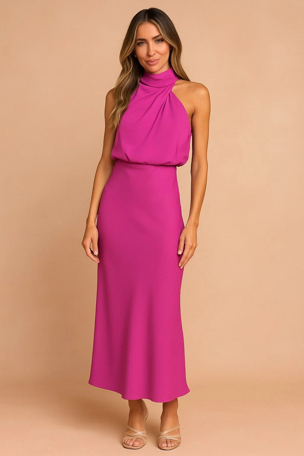 Draped Neckline Midi Dress – Pink