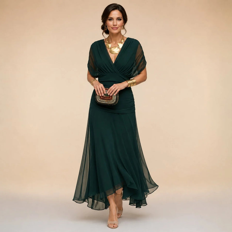 Elegant Ruched Maxi Dress – Dark Green