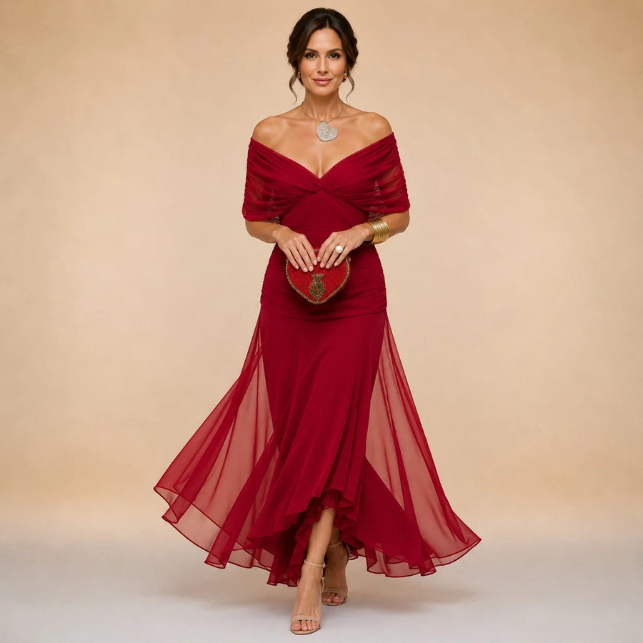 Elegant Ruched Maxi Dress – Venetian Red