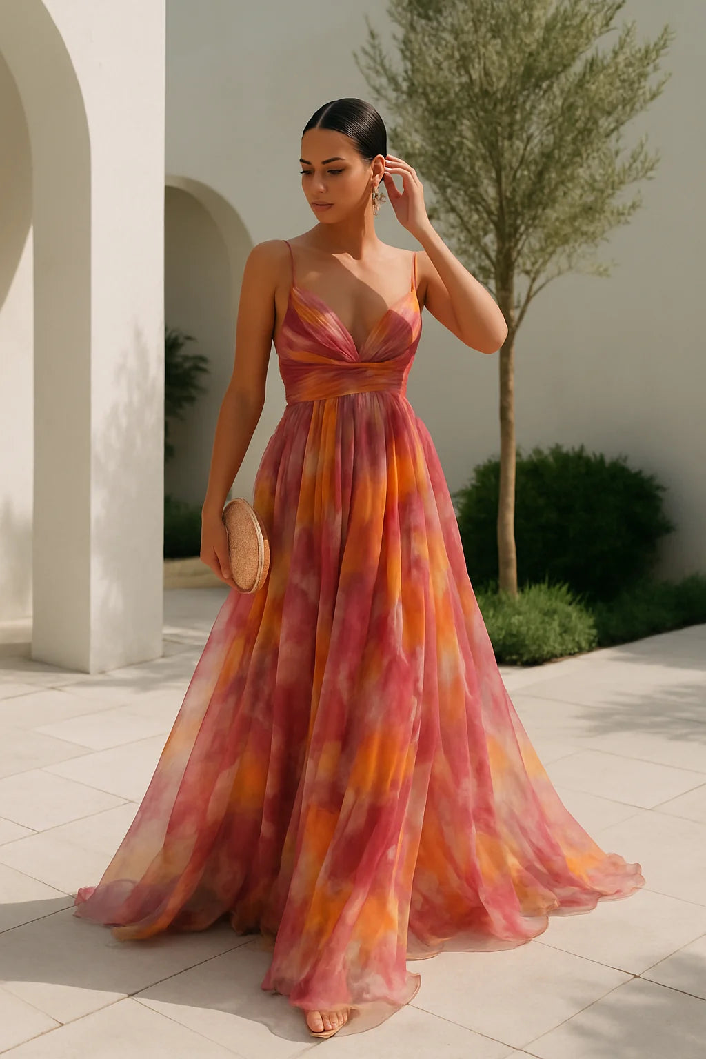 Abstract Print Maxi Dress – Orange