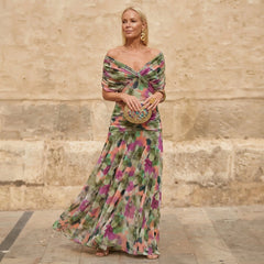 Flowing V-Neck Maxi Dress – Green And Purple