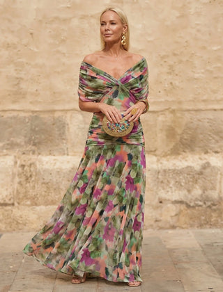 Flowing V-Neck Maxi Dress – Green And Purple