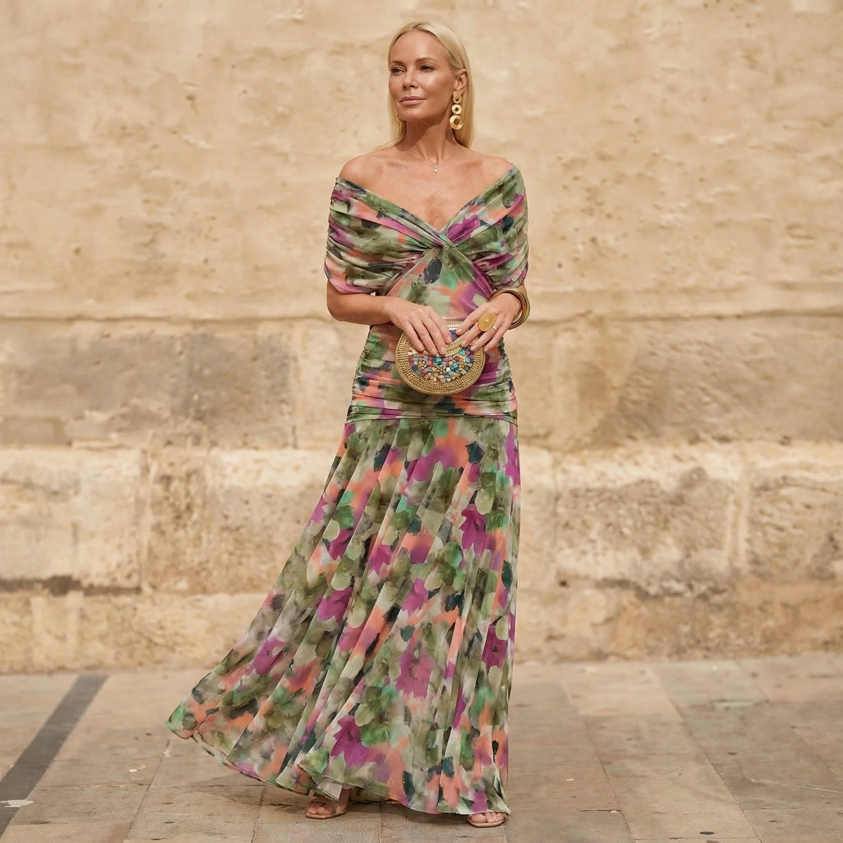 Flowing V-Neck Maxi Dress – Green And Purple