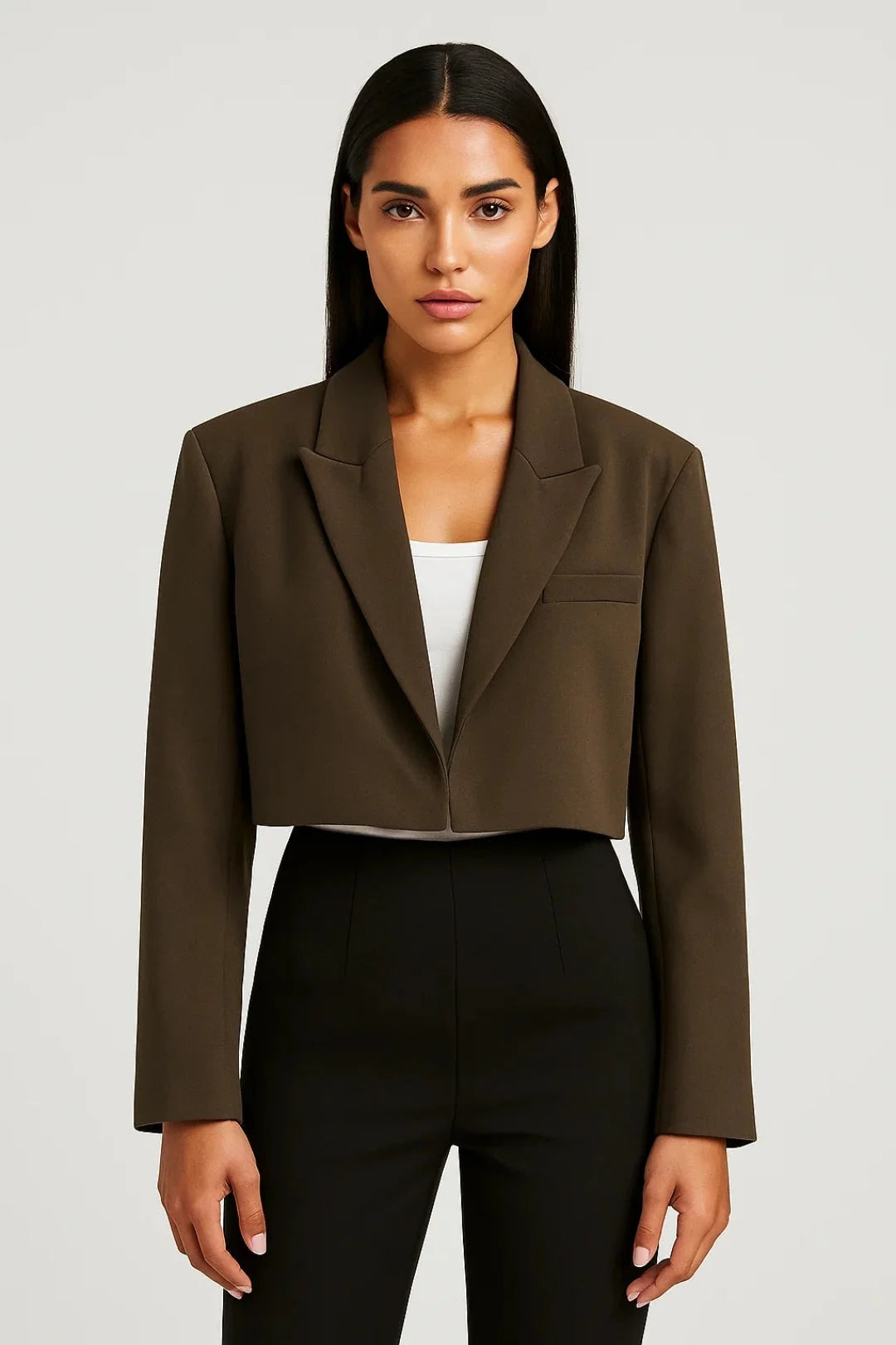 Cropped Tailored Blazer – Dark Brown