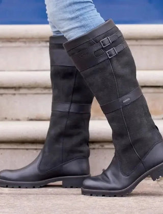 Waterproof Knee-High Buckle Boots – Black
