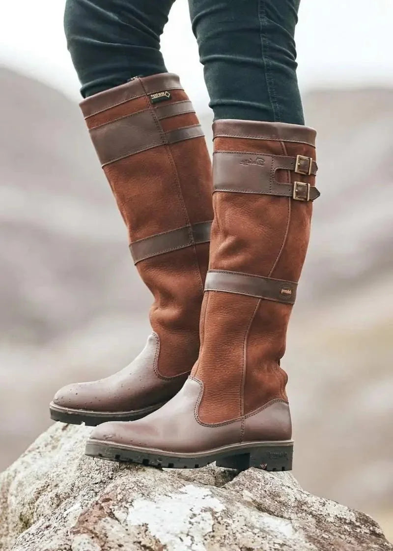 Waterproof Knee-High Buckle Boots – Brown