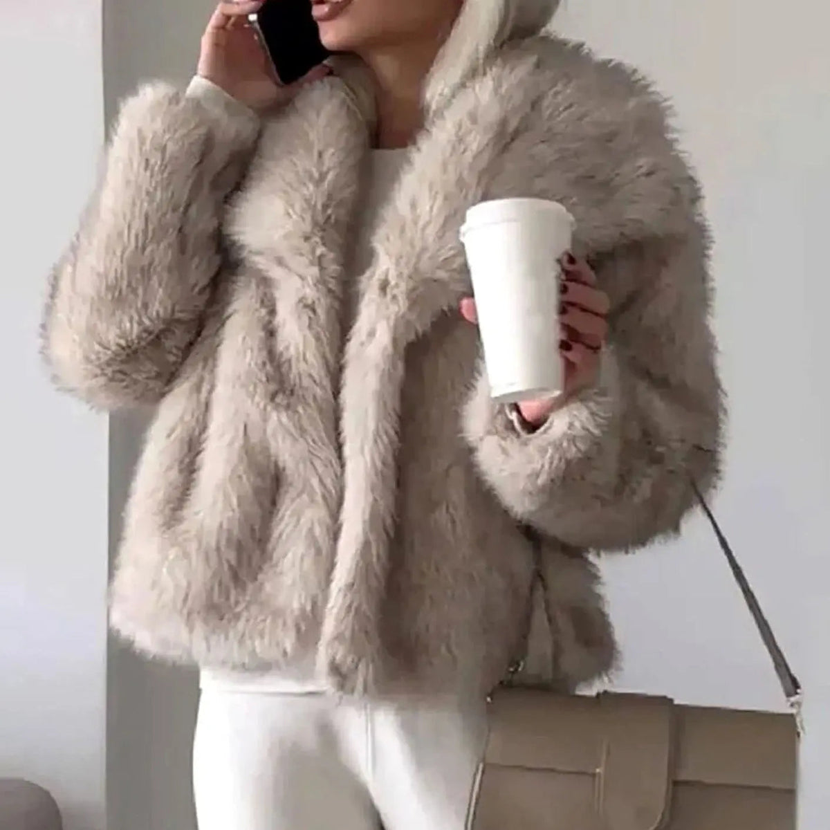 Cropped faux fur jacket in Light Brown