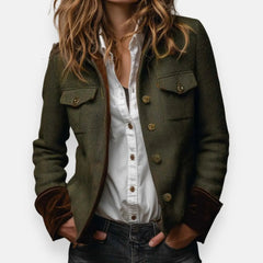 Women's herringbone utility jacket in army green, front view