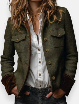 Women's herringbone utility jacket in army green, front view