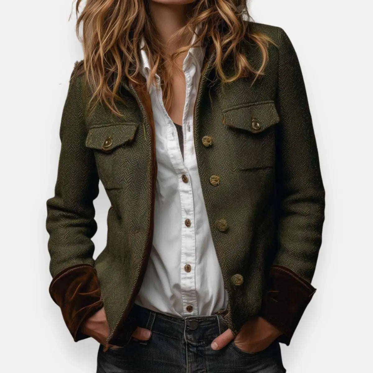 Women's herringbone utility jacket in army green, front view