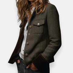 Army green herringbone utility jacket, side view with chest flap pocket