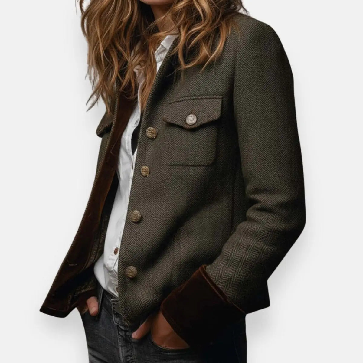 Army green herringbone utility jacket, side view with chest flap pocket