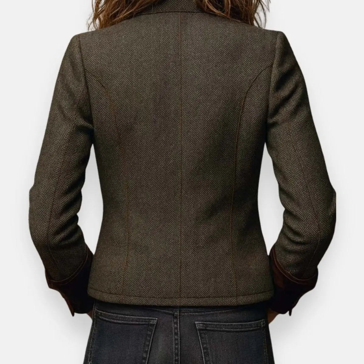 Army green herringbone utility jacket, back view