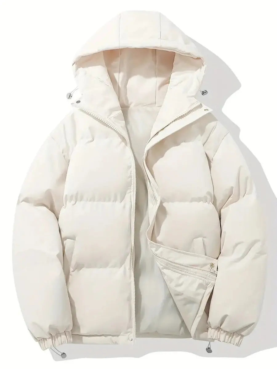 Zip-up hooded puffer jacket in Beige White