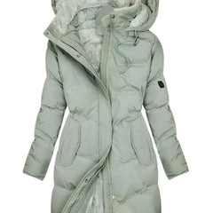 Women's long quilted hooded coat with fleece lining in green