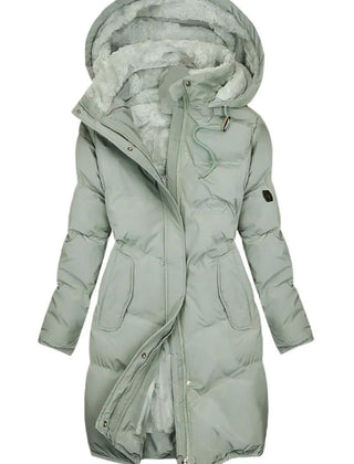 Women's long quilted hooded coat with fleece lining in green