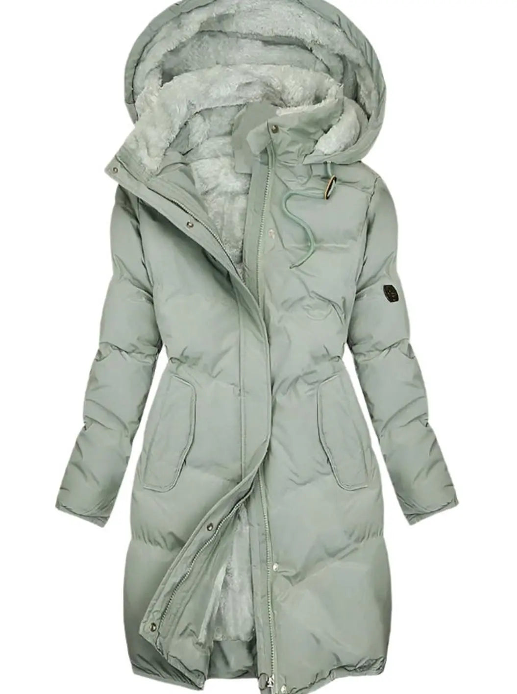 Women's long quilted hooded coat with fleece lining in green