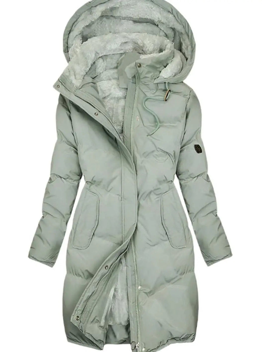 Women's long quilted hooded coat with fleece lining in green