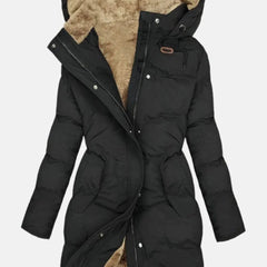 Women's long quilted hooded coat with fleece lining in black