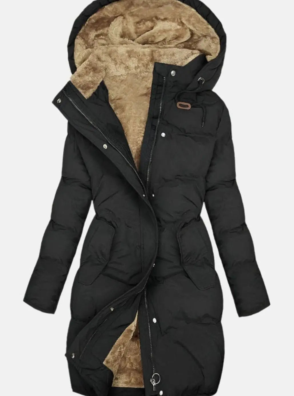 Women's long quilted hooded coat with fleece lining in black