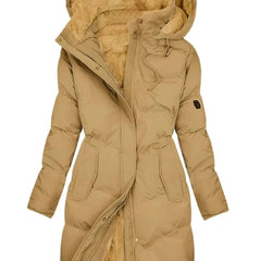 Women's long quilted hooded coat with fleece lining in yellow