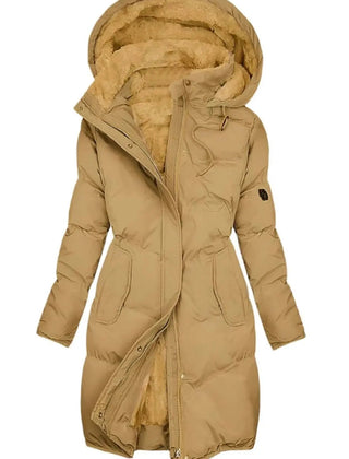 Women's long quilted hooded coat with fleece lining in yellow