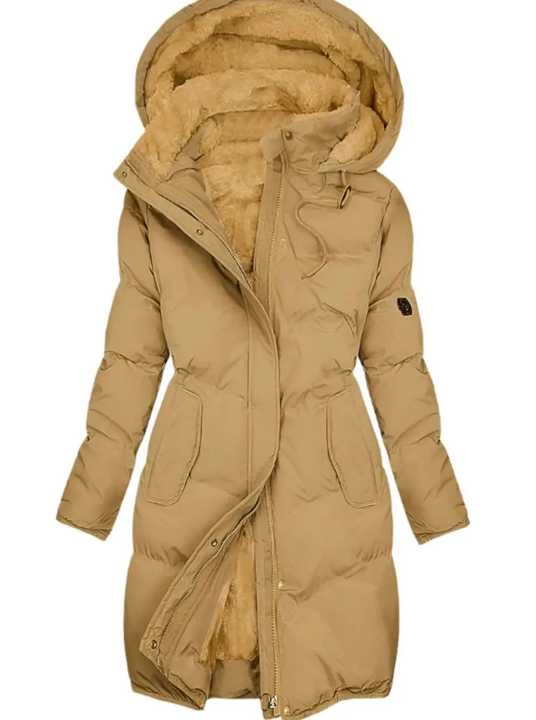 Women's long quilted hooded coat with fleece lining in yellow