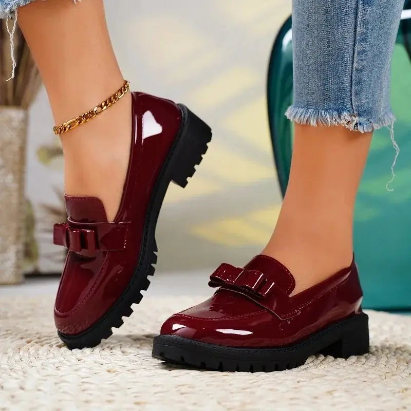 Patent bow loafers in Burgundy with chunky lug sole