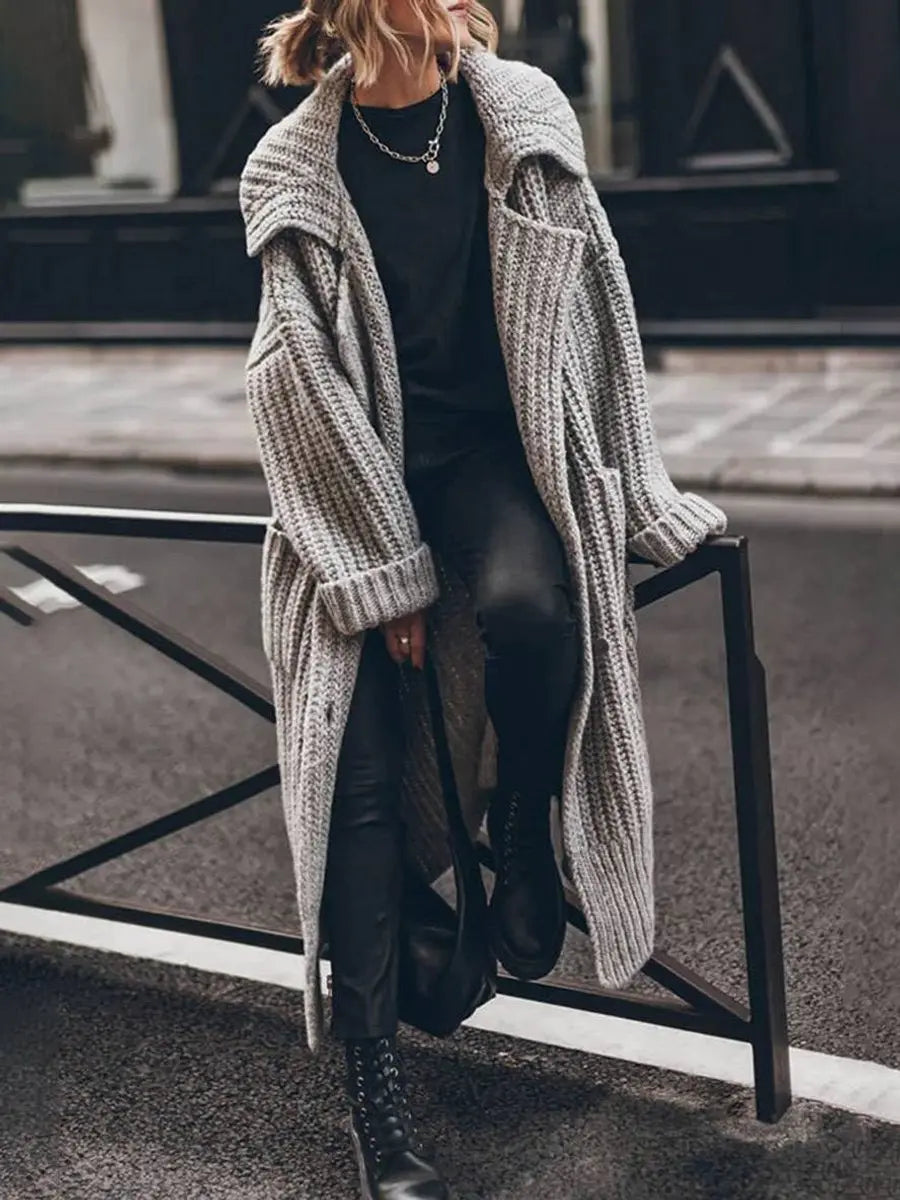 Chunky knit longline cardigan in Grey with lapel collar