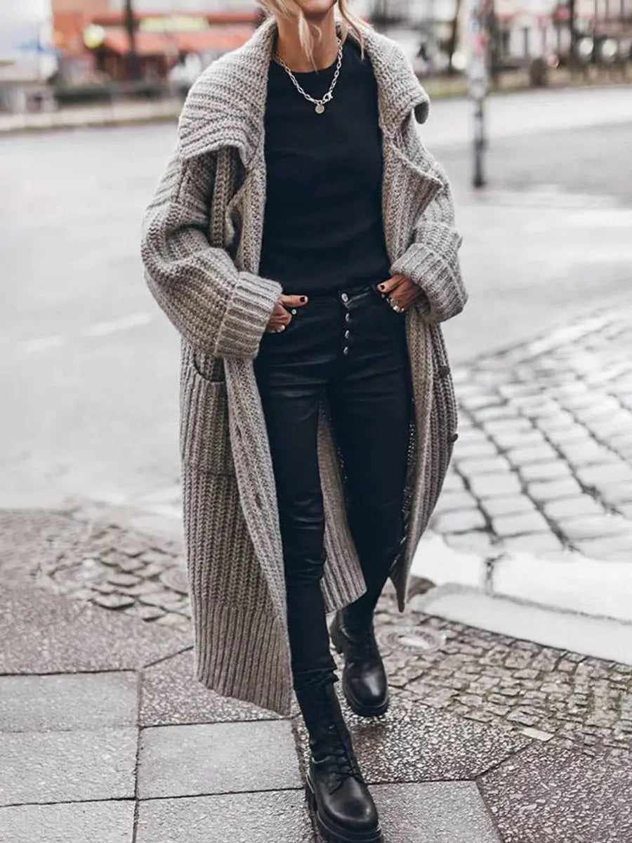 Chunky knit longline cardigan in Grey, front view
