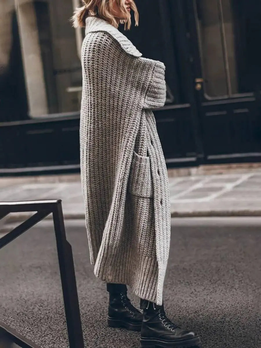 Chunky knit longline cardigan in Grey, side view