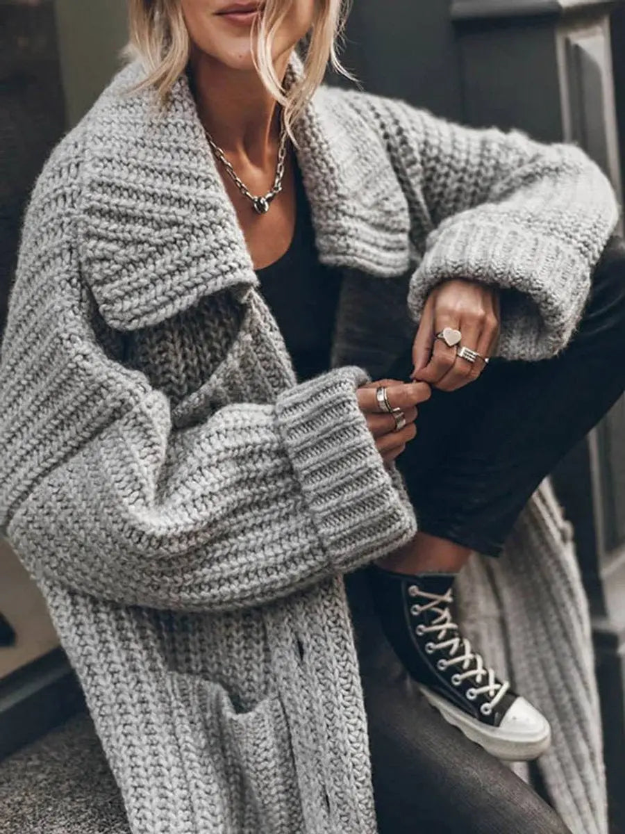 Chunky knit longline cardigan in Grey with side pockets