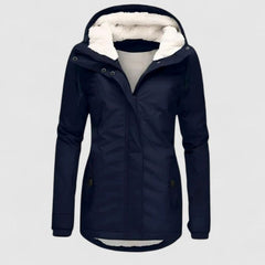 Women's fleece-lined hooded winter coat in navy blue