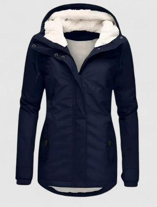 Women's fleece-lined hooded winter coat in navy blue
