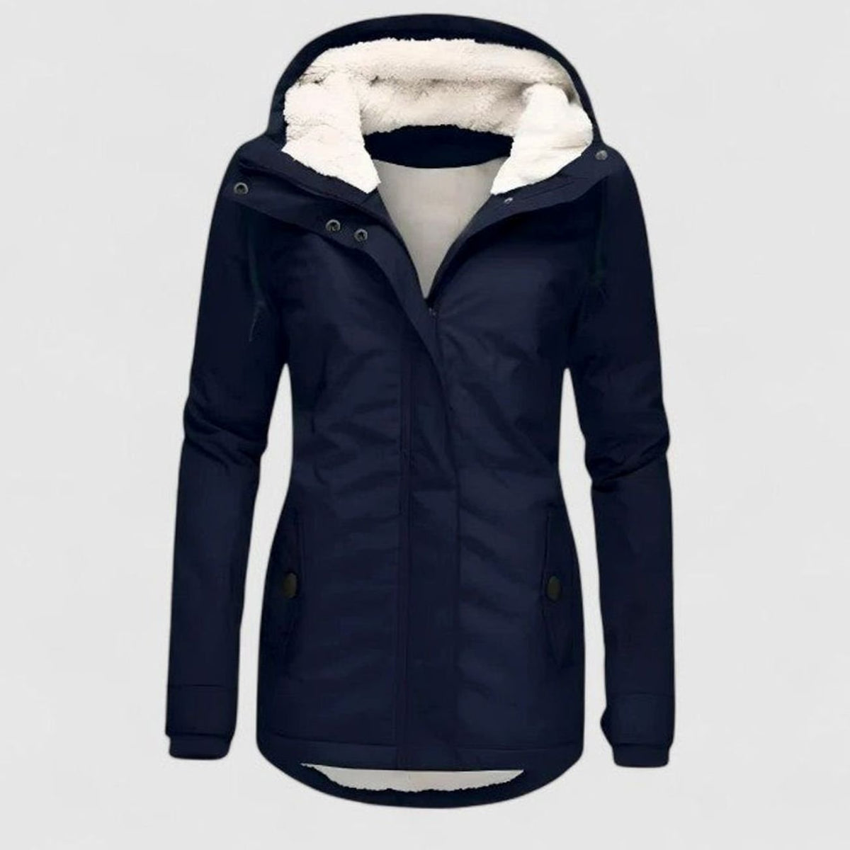 Women's fleece-lined hooded winter coat in navy blue