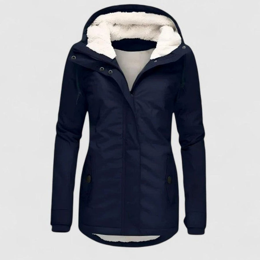Women's fleece-lined hooded winter coat in navy blue