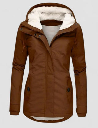 Women's fleece-lined hooded winter coat in brown