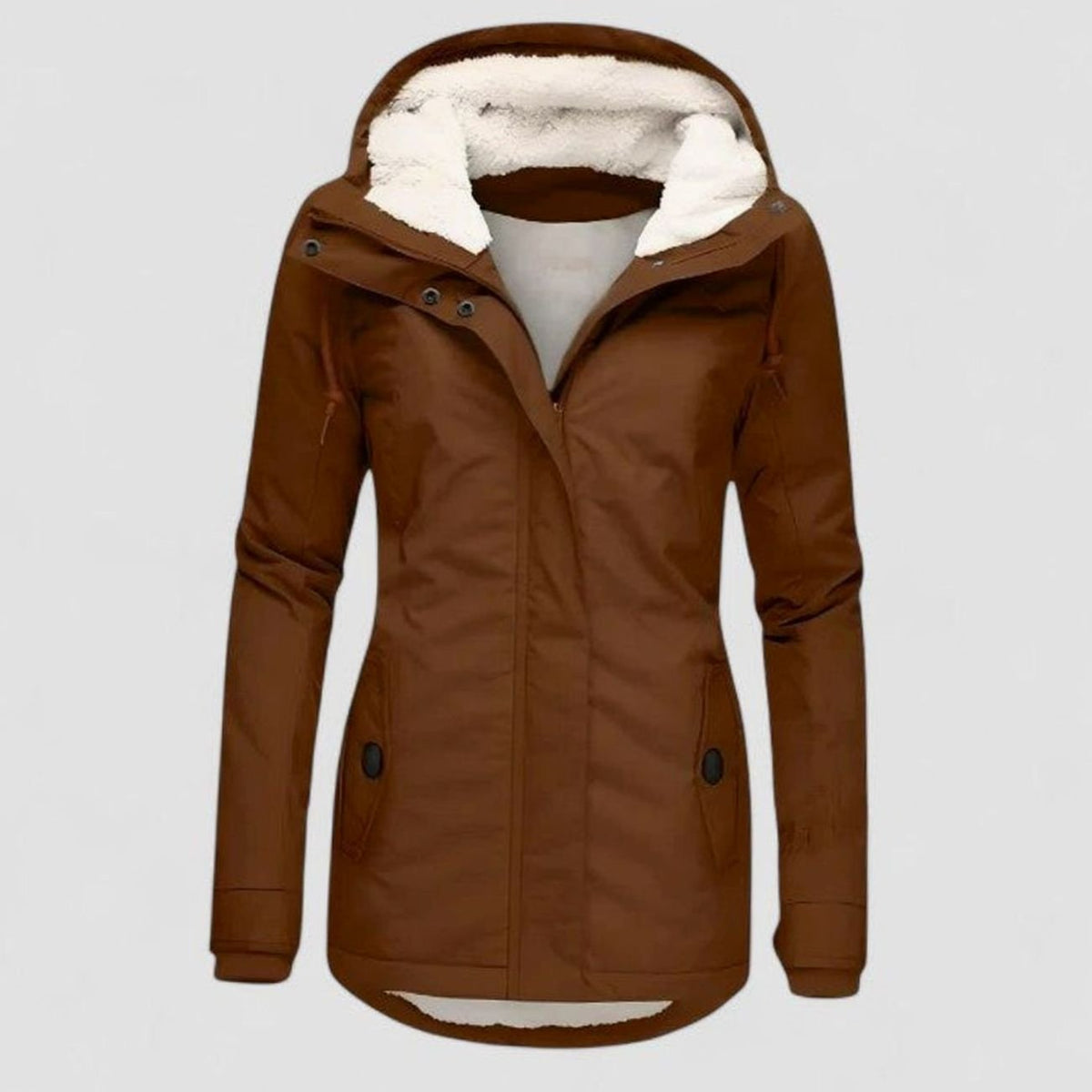 Women's fleece-lined hooded winter coat in brown