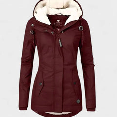 Women's fleece-lined hooded winter coat in red