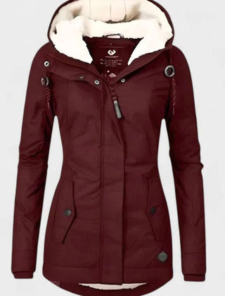 Women's fleece-lined hooded winter coat in red